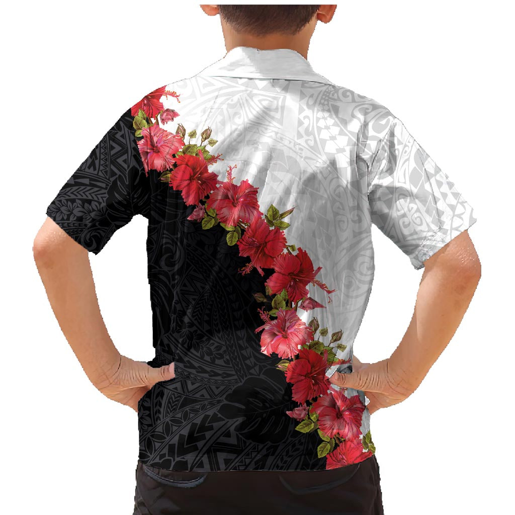 Hawaii Red Hibiscus Flowers Family Matching Mermaid Dress and Hawaiian Shirt Polynesian Pattern With Half Black White Version LT03 - Polynesian Pride
