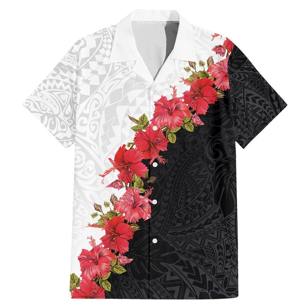 Hawaii Red Hibiscus Flowers Family Matching Mermaid Dress and Hawaiian Shirt Polynesian Pattern With Half Black White Version LT03 Dad's Shirt - Short Sleeve Black - Polynesian Pride