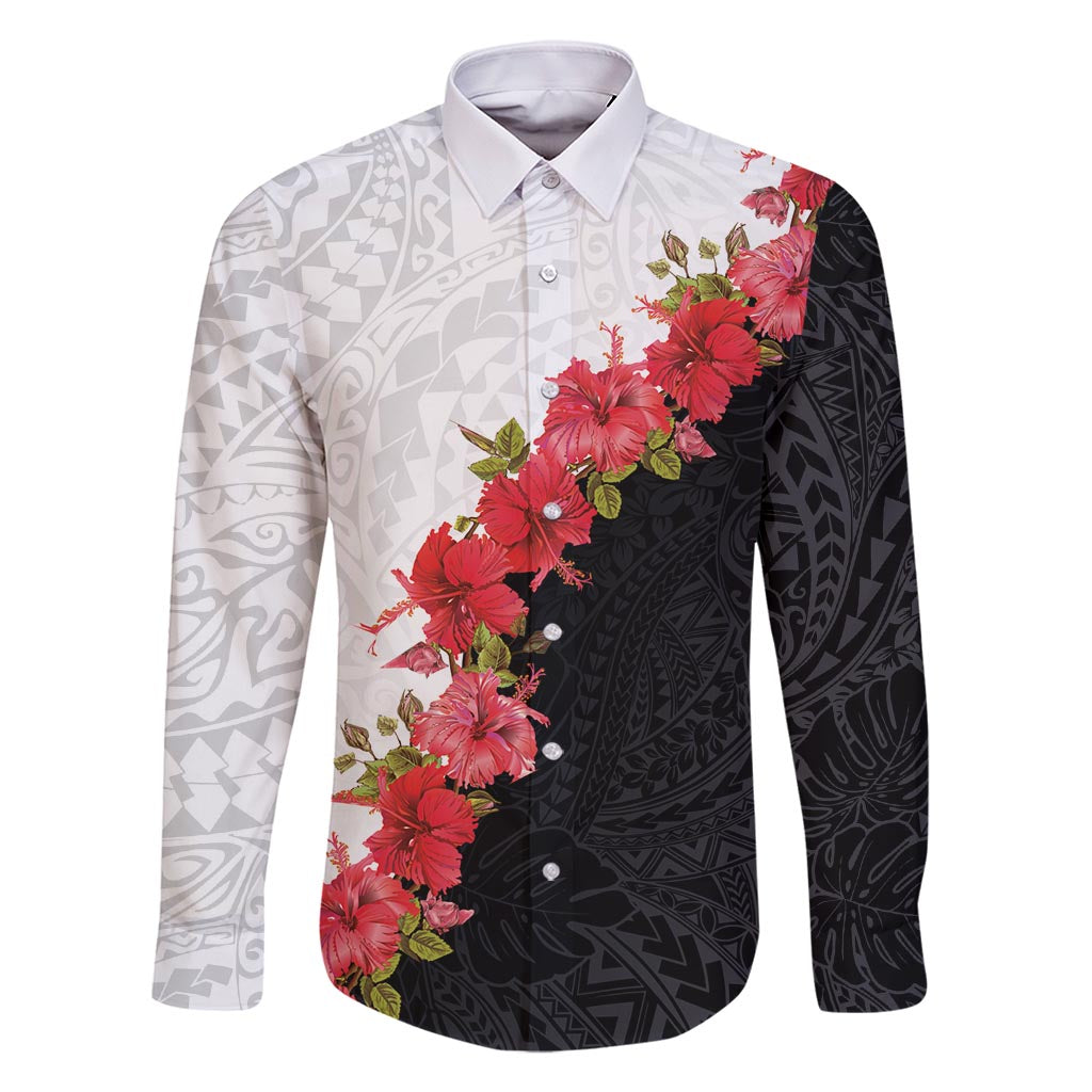Hawaii Red Hibiscus Flowers Family Matching Mermaid Dress and Hawaiian Shirt Polynesian Pattern With Half Black White Version LT03 Dad's Shirt - Long Sleeve Black - Polynesian Pride