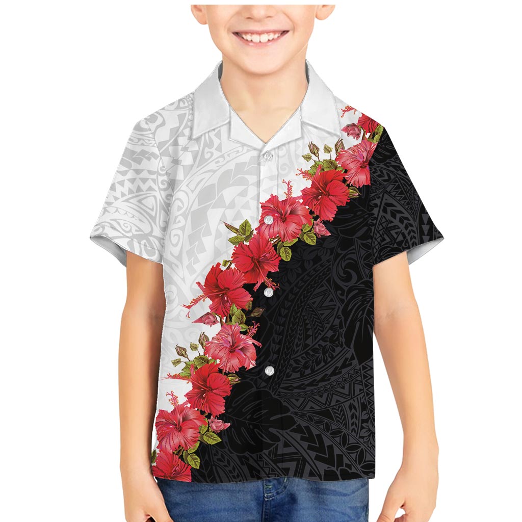 Hawaii Red Hibiscus Flowers Family Matching Mermaid Dress and Hawaiian Shirt Polynesian Pattern With Half Black White Version LT03 Son's Shirt Black - Polynesian Pride