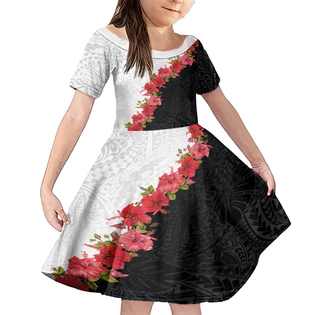 Hawaii Red Hibiscus Flowers Family Matching Off Shoulder Maxi Dress and Hawaiian Shirt Polynesian Pattern With Half Black White Version LT03 Daughter's Dress Black - Polynesian Pride