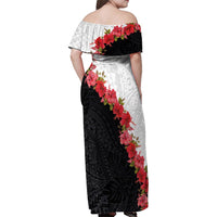 Hawaii Red Hibiscus Flowers Family Matching Off Shoulder Maxi Dress and Hawaiian Shirt Polynesian Pattern With Half Black White Version LT03 - Polynesian Pride