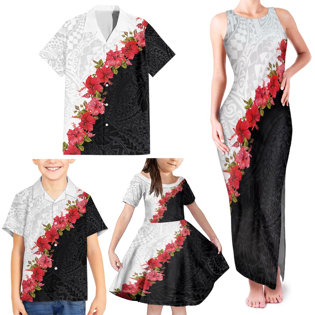 Hawaii Red Hibiscus Flowers Family Matching Tank Maxi Dress and Hawaiian Shirt Polynesian Pattern With Half Black White Version