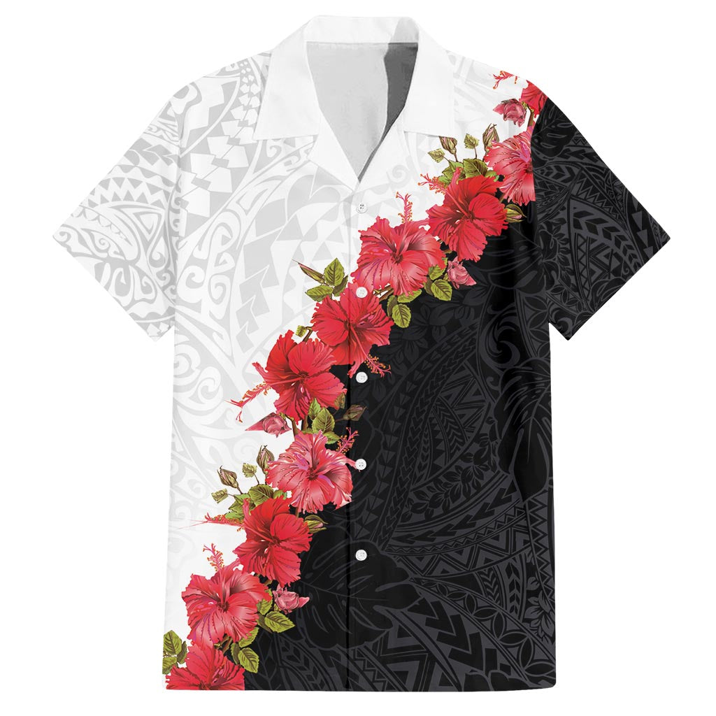 Hawaii Red Hibiscus Flowers Family Matching Tank Maxi Dress and Hawaiian Shirt Polynesian Pattern With Half Black White Version