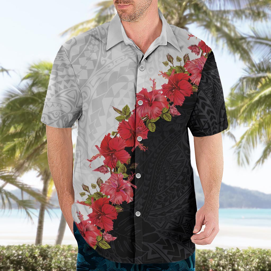 Hawaii Red Hibiscus Flowers Hawaiian Shirt Polynesian Pattern With Half Black White Version LT03 - Polynesian Pride