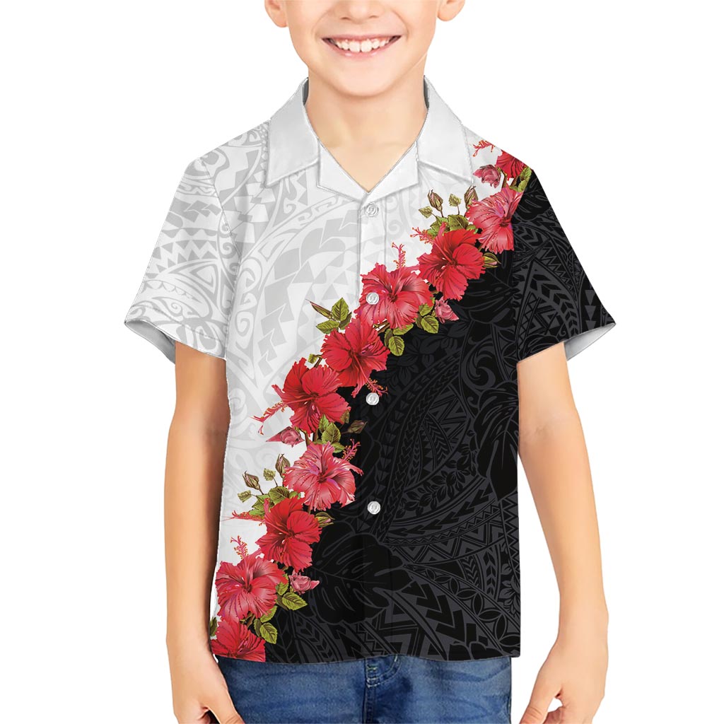 Hawaii Red Hibiscus Flowers Hawaiian Shirt Polynesian Pattern With Half Black White Version LT03 - Polynesian Pride