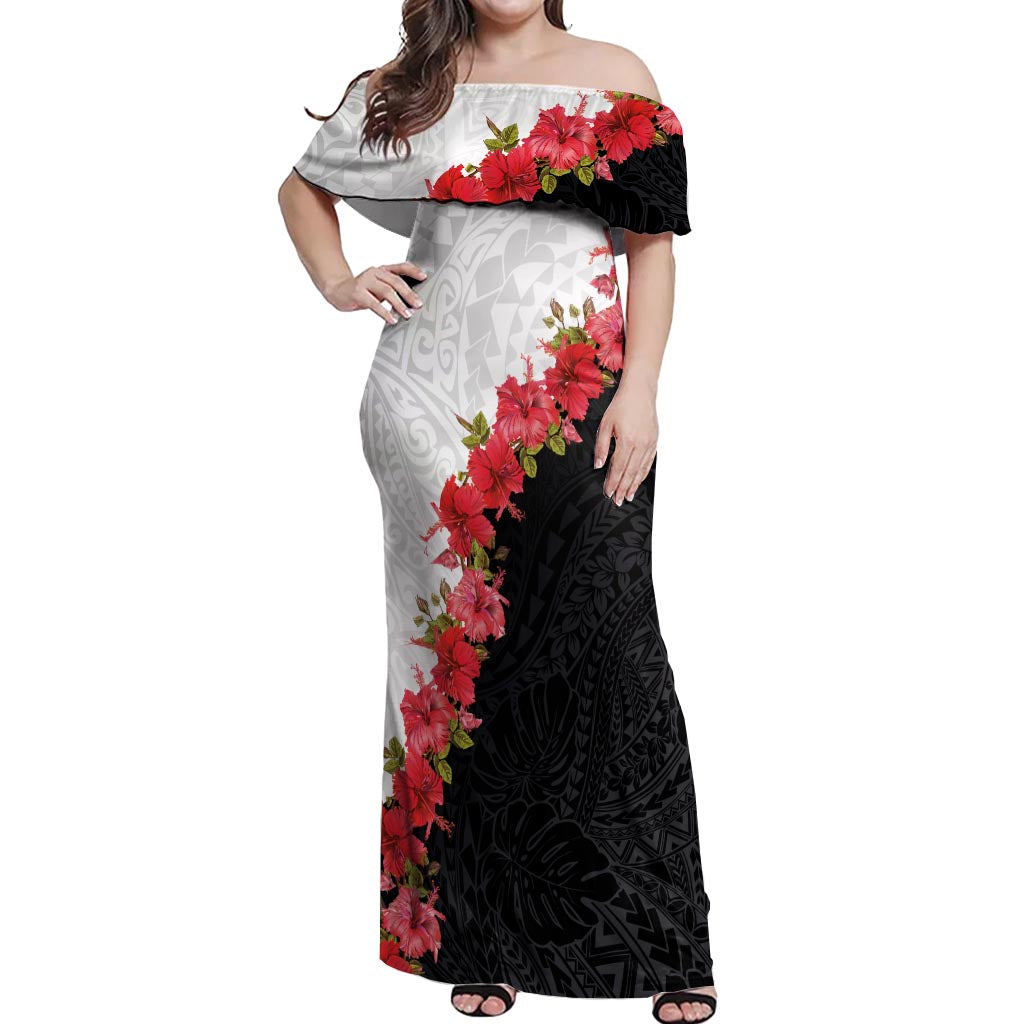 Hawaii Red Hibiscus Flowers Off Shoulder Maxi Dress Polynesian Pattern With Half Black White Version LT03 Women Black - Polynesian Pride