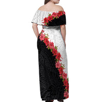 Hawaii Red Hibiscus Flowers Off Shoulder Maxi Dress Polynesian Pattern With Half Black White Version LT03 - Polynesian Pride