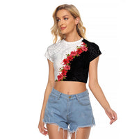 Hawaii Red Hibiscus Flowers Raglan Cropped T Shirt Polynesian Pattern With Half Black White Version LT03 Female Black - Polynesian Pride