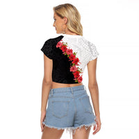 Hawaii Red Hibiscus Flowers Raglan Cropped T Shirt Polynesian Pattern With Half Black White Version LT03 - Polynesian Pride