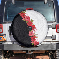 Hawaii Red Hibiscus Flowers Spare Tire Cover Polynesian Pattern With Half Black White Version LT03 Black - Polynesian Pride