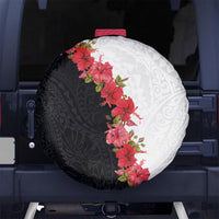 Hawaii Red Hibiscus Flowers Spare Tire Cover Polynesian Pattern With Half Black White Version LT03 - Polynesian Pride