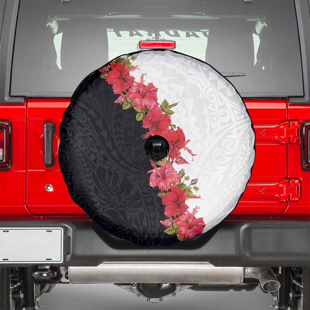 Hawaii Red Hibiscus Flowers Spare Tire Cover Polynesian Pattern With Half Black White Version LT03 - Polynesian Pride