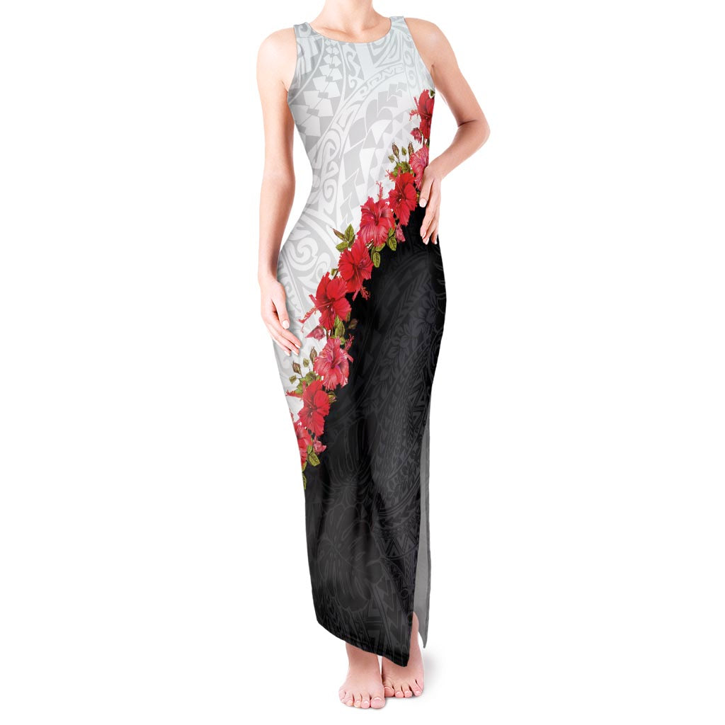 Hawaii Red Hibiscus Flowers Tank Maxi Dress Polynesian Pattern With Half Black White Version LT03 Women Black - Polynesian Pride