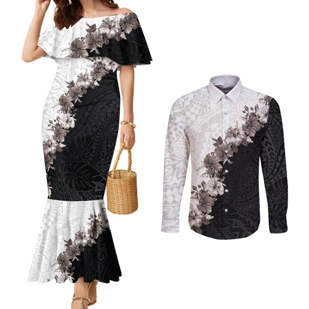 Hawaii Grayscale Hibiscus Flowers Couples Matching Mermaid Dress and Long Sleeve Button Shirt Polynesian Pattern With Half Black White Version