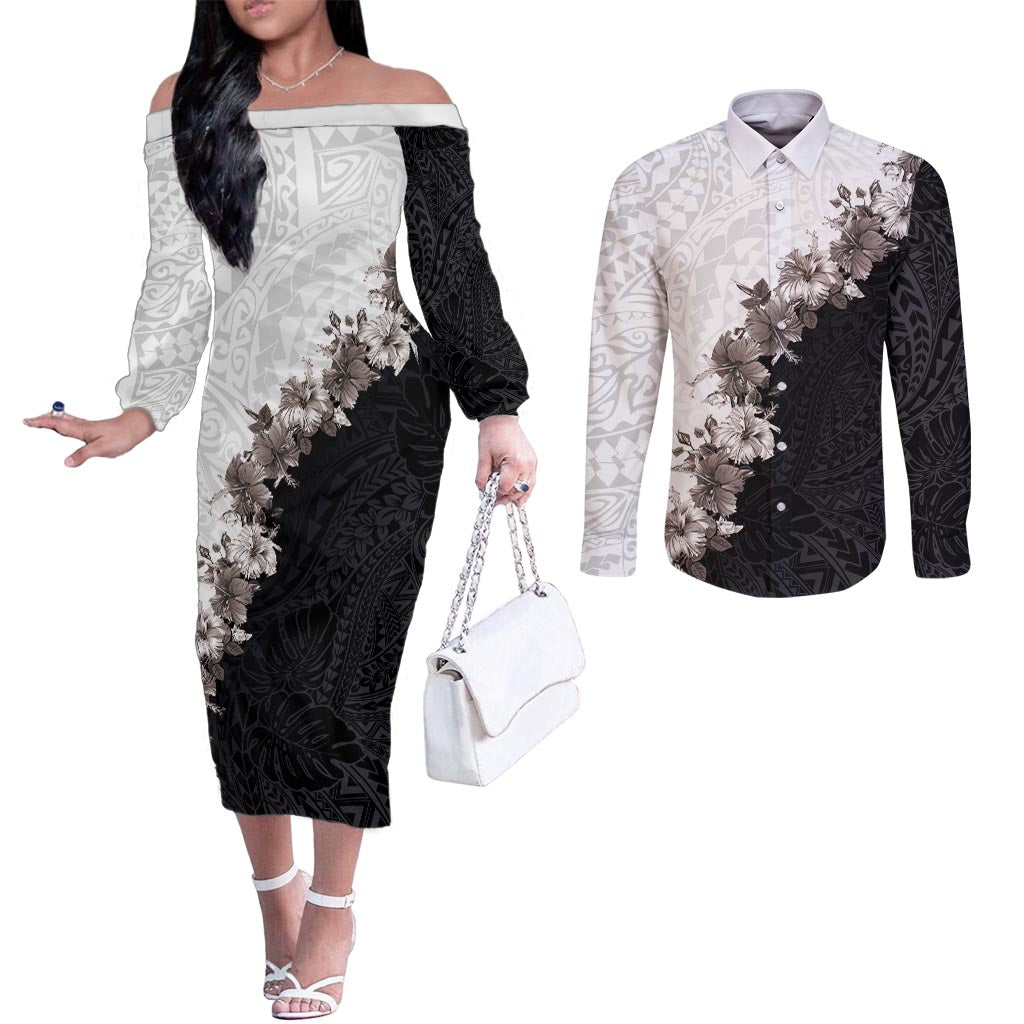Hawaii Grayscale Hibiscus Flowers Couples Matching Off The Shoulder Long Sleeve Dress and Long Sleeve Button Shirt Polynesian Pattern With Half Black White Version