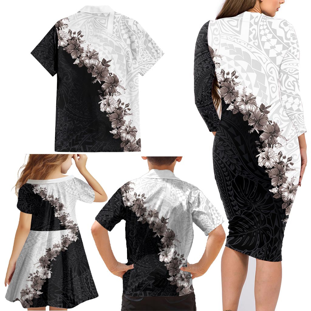 Hawaii Grayscale Hibiscus Flowers Family Matching Long Sleeve Bodycon Dress and Hawaiian Shirt Polynesian Pattern With Half Black White Version