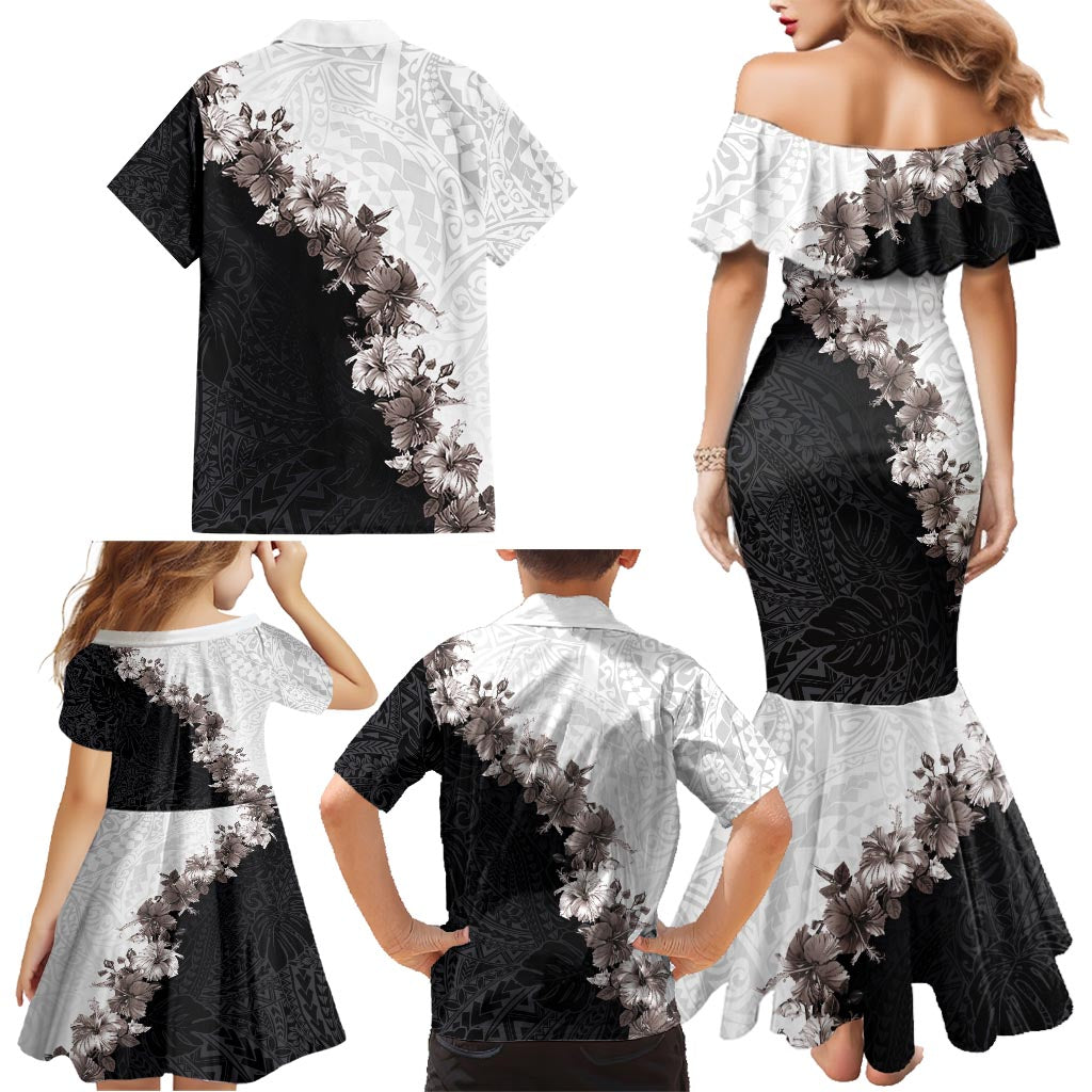Hawaii Grayscale Hibiscus Flowers Family Matching Mermaid Dress and Hawaiian Shirt Polynesian Pattern With Half Black White Version LT03 - Polynesian Pride