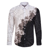 Hawaii Grayscale Hibiscus Flowers Family Matching Mermaid Dress and Hawaiian Shirt Polynesian Pattern With Half Black White Version LT03 Dad's Shirt - Long Sleeve Black - Polynesian Pride