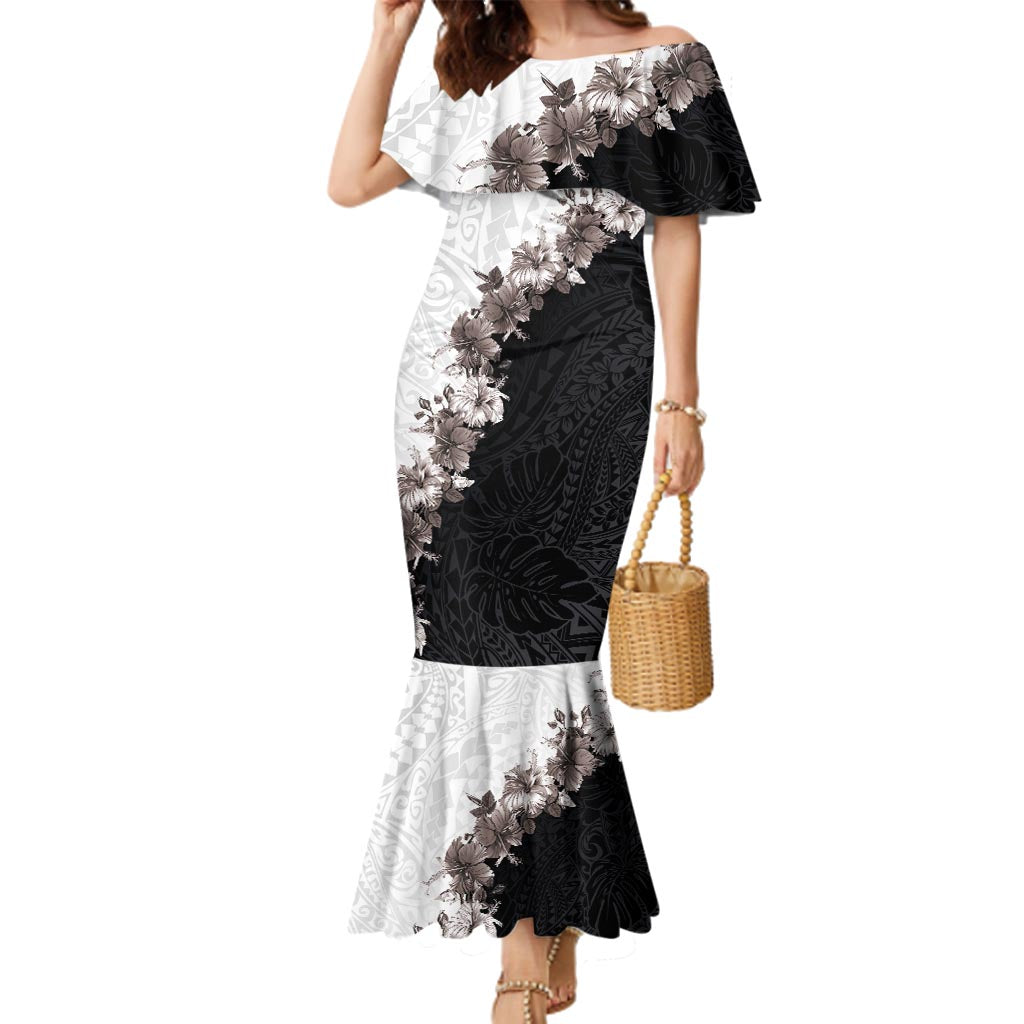 Hawaii Grayscale Hibiscus Flowers Family Matching Mermaid Dress and Hawaiian Shirt Polynesian Pattern With Half Black White Version LT03 Mom's Dress Black - Polynesian Pride