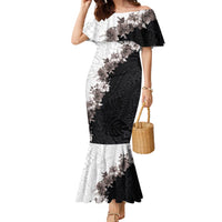 Hawaii Grayscale Hibiscus Flowers Family Matching Mermaid Dress and Hawaiian Shirt Polynesian Pattern With Half Black White Version LT03 Mom's Dress Black - Polynesian Pride