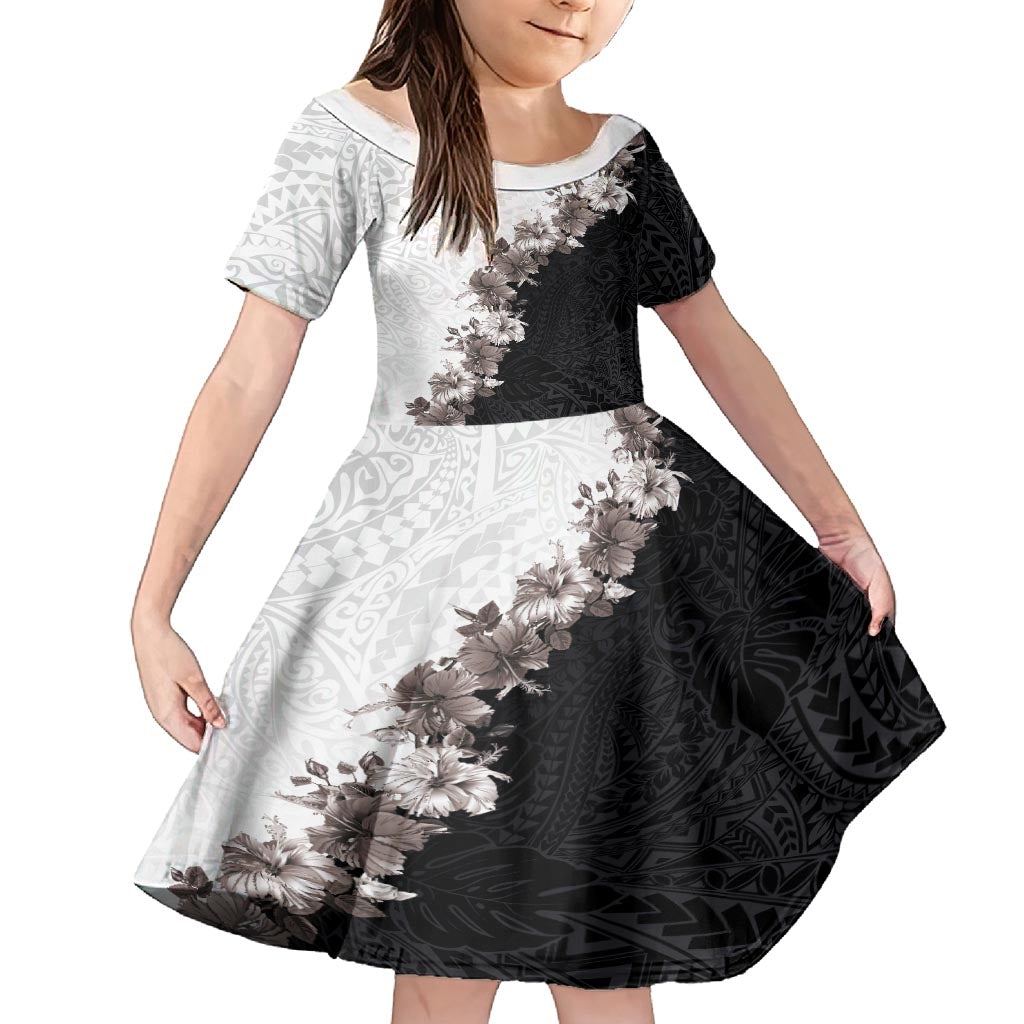 Hawaii Grayscale Hibiscus Flowers Family Matching Off Shoulder Maxi Dress and Hawaiian Shirt Polynesian Pattern With Half Black White Version LT03 Daughter's Dress Black - Polynesian Pride