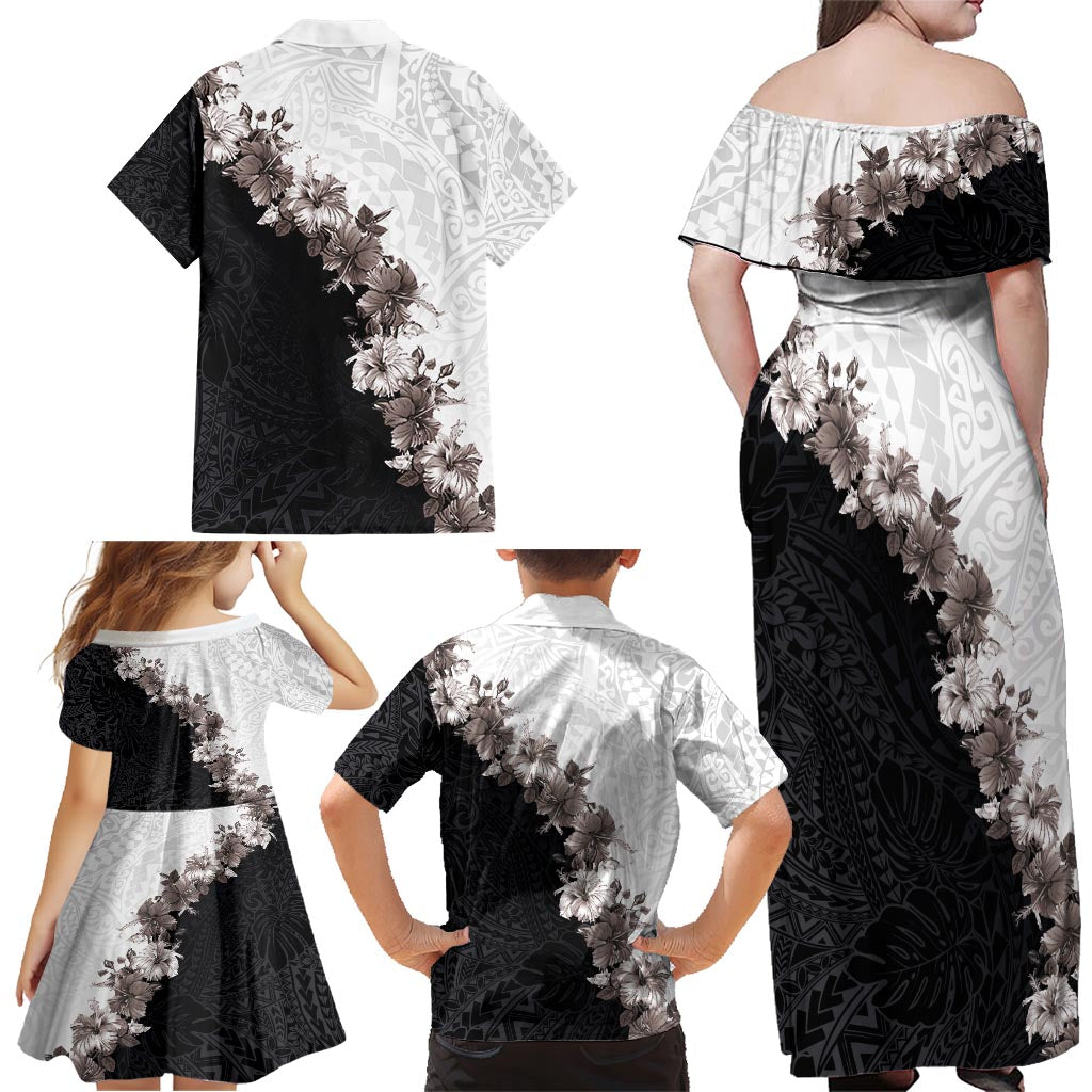 Hawaii Grayscale Hibiscus Flowers Family Matching Off Shoulder Maxi Dress and Hawaiian Shirt Polynesian Pattern With Half Black White Version LT03 - Polynesian Pride