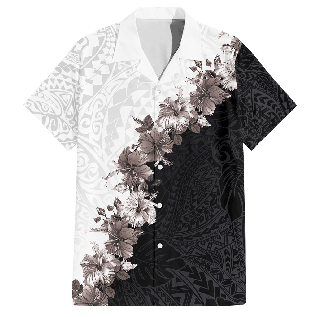 Hawaii Grayscale Hibiscus Flowers Family Matching Off Shoulder Maxi Dress and Hawaiian Shirt Polynesian Pattern With Half Black White Version LT03 Dad's Shirt - Short Sleeve Black - Polynesian Pride