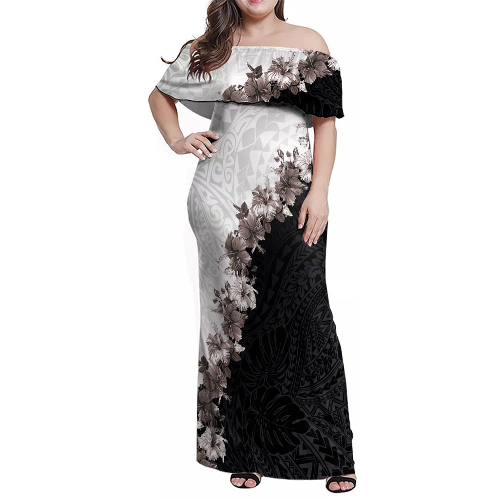 Hawaii Grayscale Hibiscus Flowers Family Matching Off Shoulder Maxi Dress and Hawaiian Shirt Polynesian Pattern With Half Black White Version LT03 Mom's Dress Black - Polynesian Pride