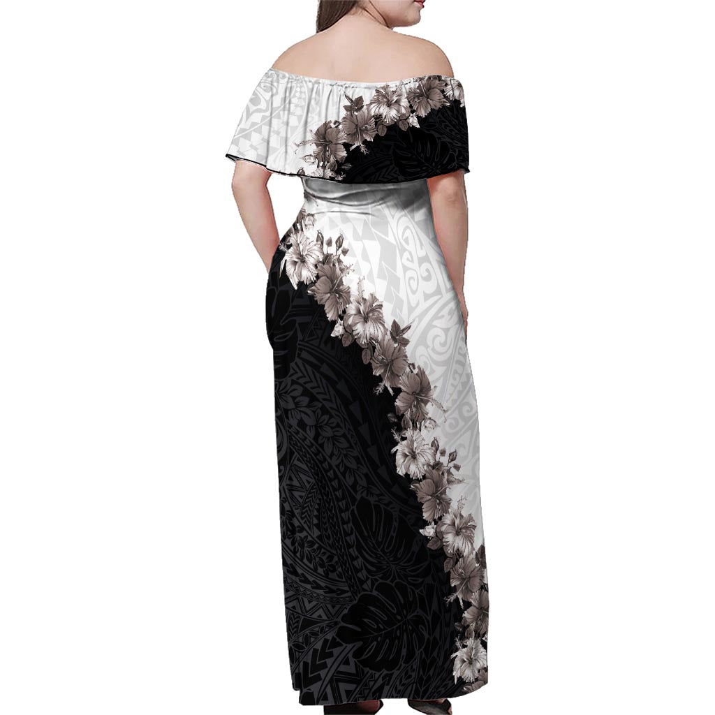 Hawaii Grayscale Hibiscus Flowers Family Matching Off Shoulder Maxi Dress and Hawaiian Shirt Polynesian Pattern With Half Black White Version LT03 - Polynesian Pride