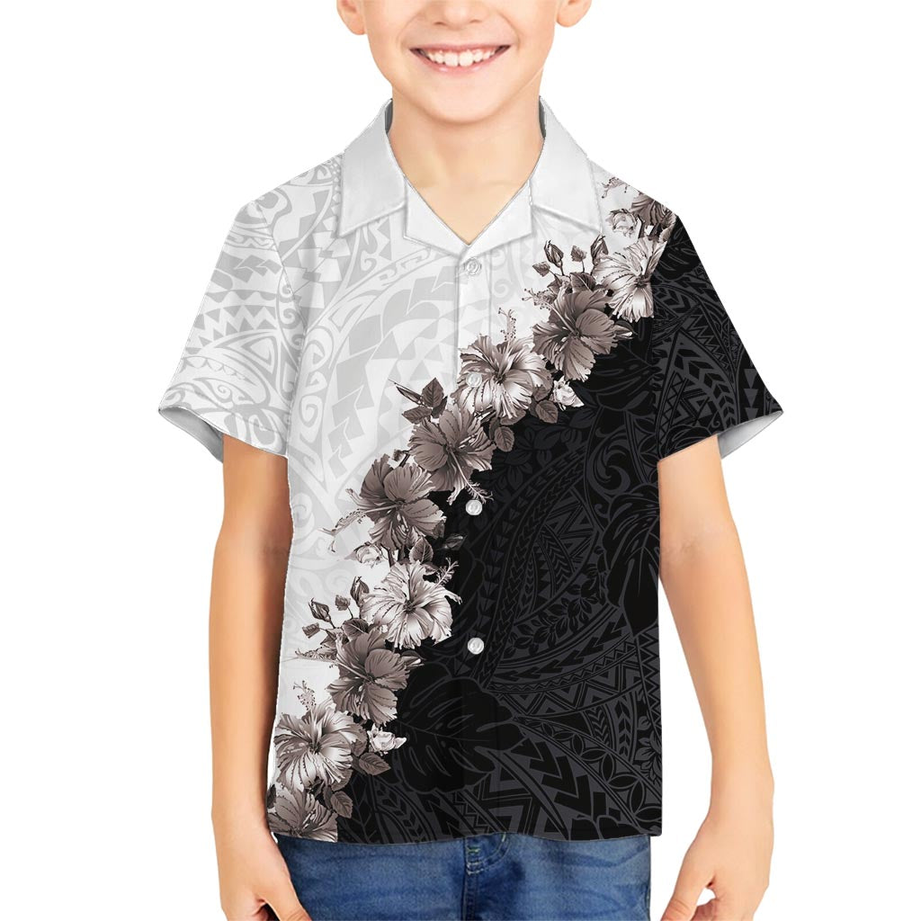 Hawaii Grayscale Hibiscus Flowers Family Matching Off Shoulder Maxi Dress and Hawaiian Shirt Polynesian Pattern With Half Black White Version LT03 Son's Shirt Black - Polynesian Pride