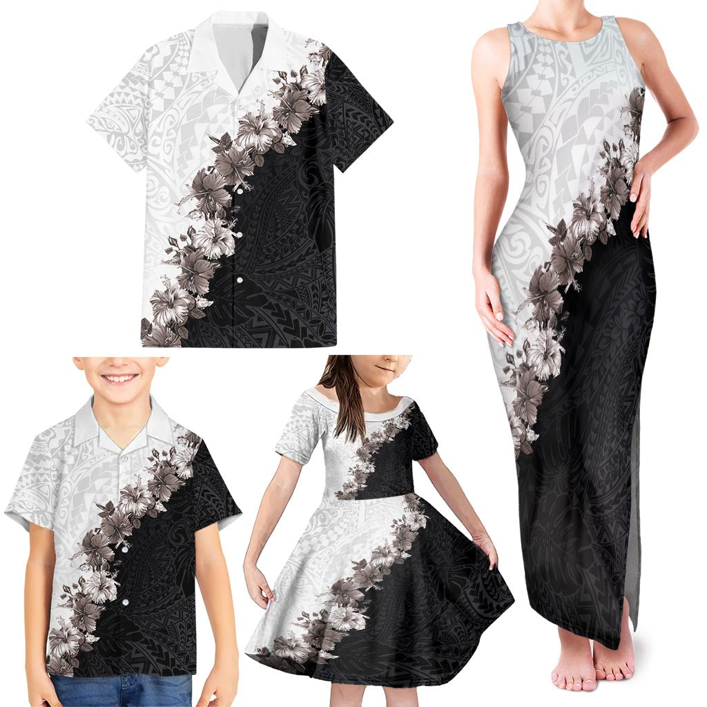 Hawaii Grayscale Hibiscus Flowers Family Matching Tank Maxi Dress and Hawaiian Shirt Polynesian Pattern With Half Black White Version