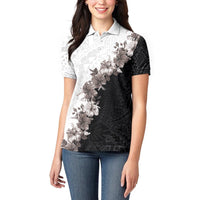 Hawaii Grayscale Hibiscus Flowers Women Polo Shirt Polynesian Pattern With Half Black White Version