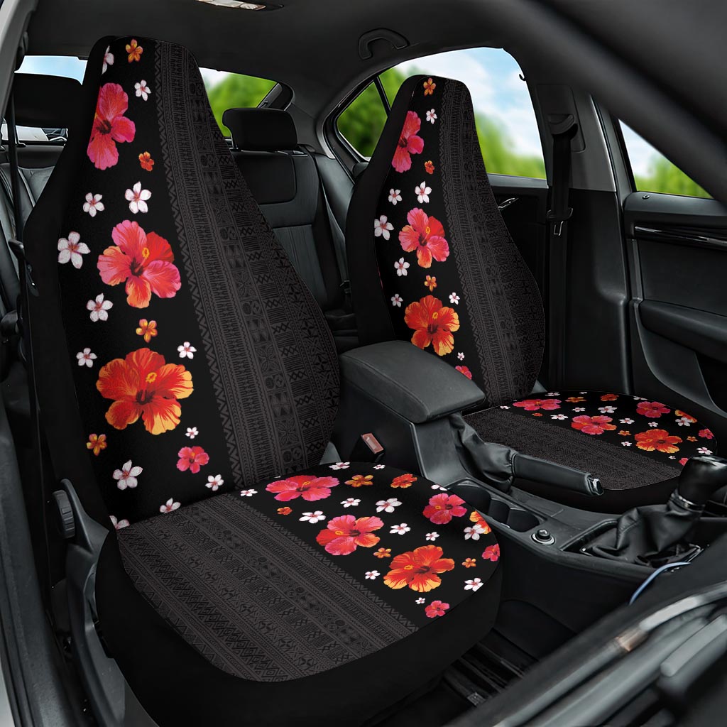 Hawaii Hibiscus and Plumeria Flowers Car Seat Cover Tapa Tribal Pattern Half Style Colorful Mode LT03 One Size Black - Polynesian Pride