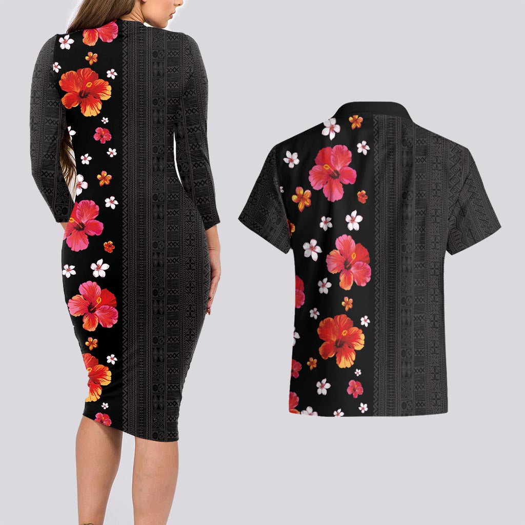Hawaii Hibiscus and Plumeria Flowers Couples Matching Long Sleeve Bodycon Dress and Hawaiian Shirt Tapa Tribal Pattern Half Style Colorful Mode LT03 - Polynesian Pride