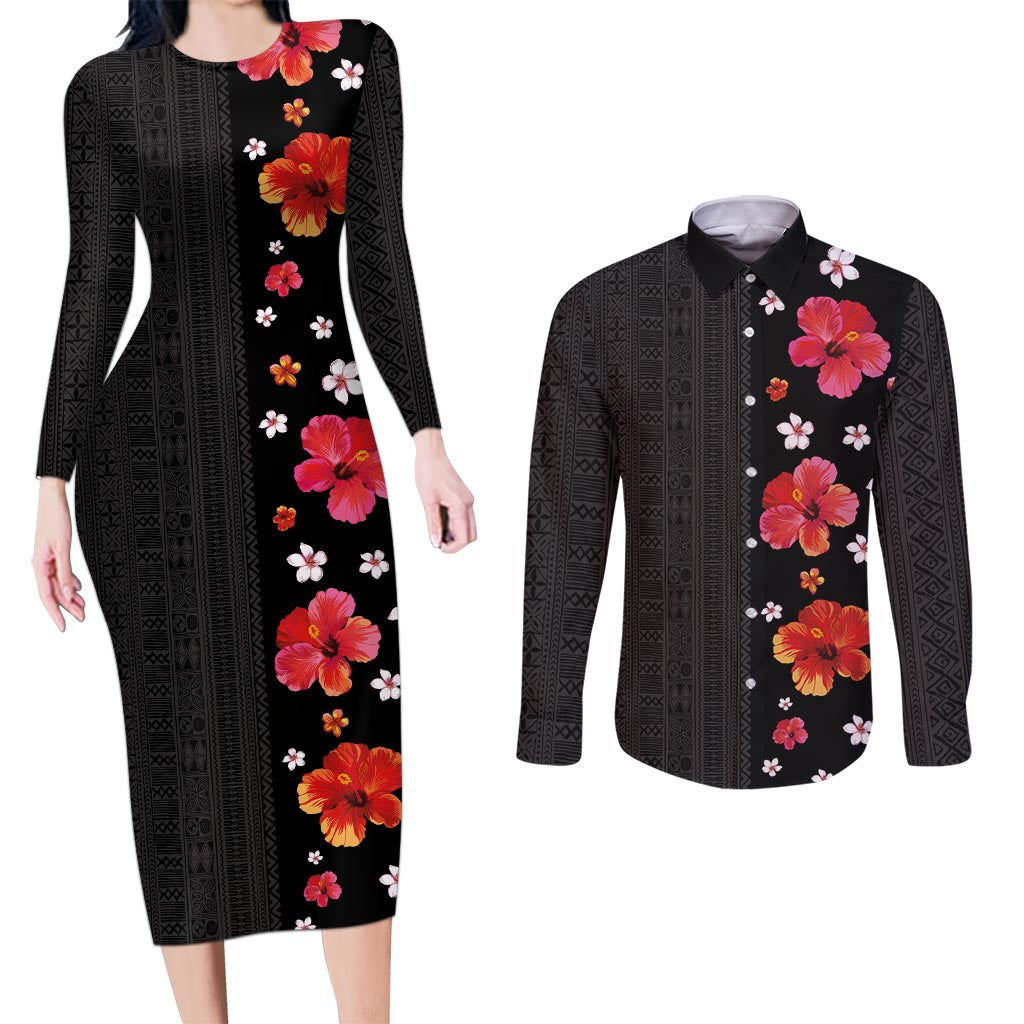 Hawaii Hibiscus and Plumeria Flowers Couples Matching Long Sleeve Bodycon Dress and Long Sleeve Button Shirt Tapa Tribal Pattern Half Style Colorful Mode LT03 Black - Polynesian Pride