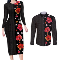 Hawaii Hibiscus and Plumeria Flowers Couples Matching Long Sleeve Bodycon Dress and Long Sleeve Button Shirt Tapa Tribal Pattern Half Style Colorful Mode LT03 Black - Polynesian Pride