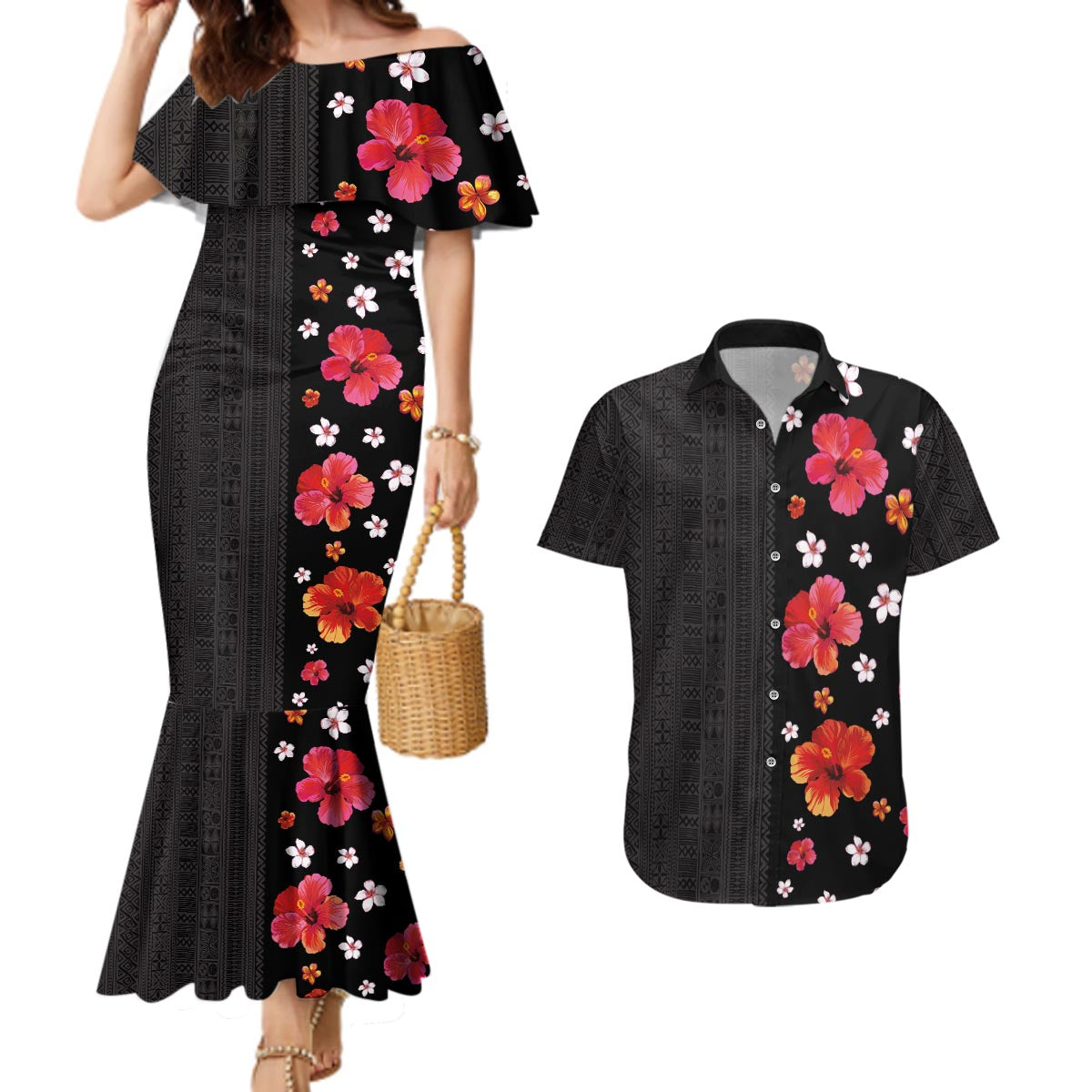 Hawaii Hibiscus and Plumeria Flowers Couples Matching Mermaid Dress and Hawaiian Shirt Tapa Tribal Pattern Half Style Colorful Mode LT03 Black - Polynesian Pride