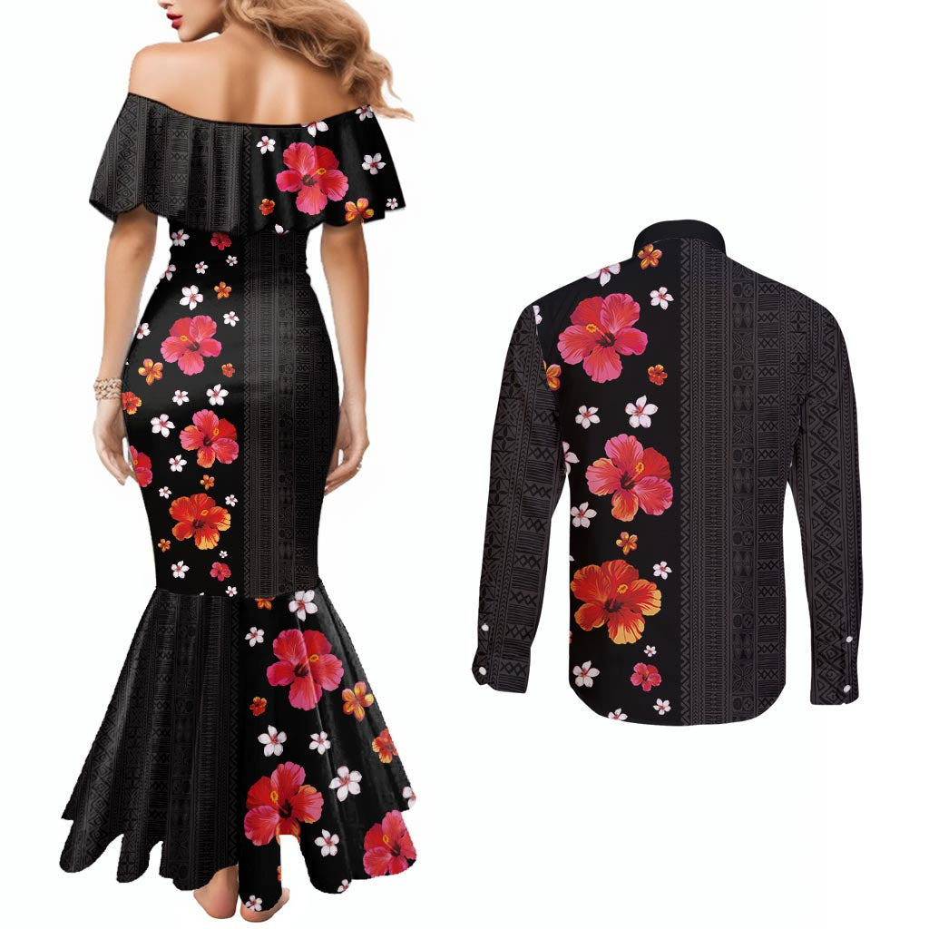 Hawaii Hibiscus and Plumeria Flowers Couples Matching Mermaid Dress and Long Sleeve Button Shirt Tapa Tribal Pattern Half Style Colorful Mode LT03 - Polynesian Pride