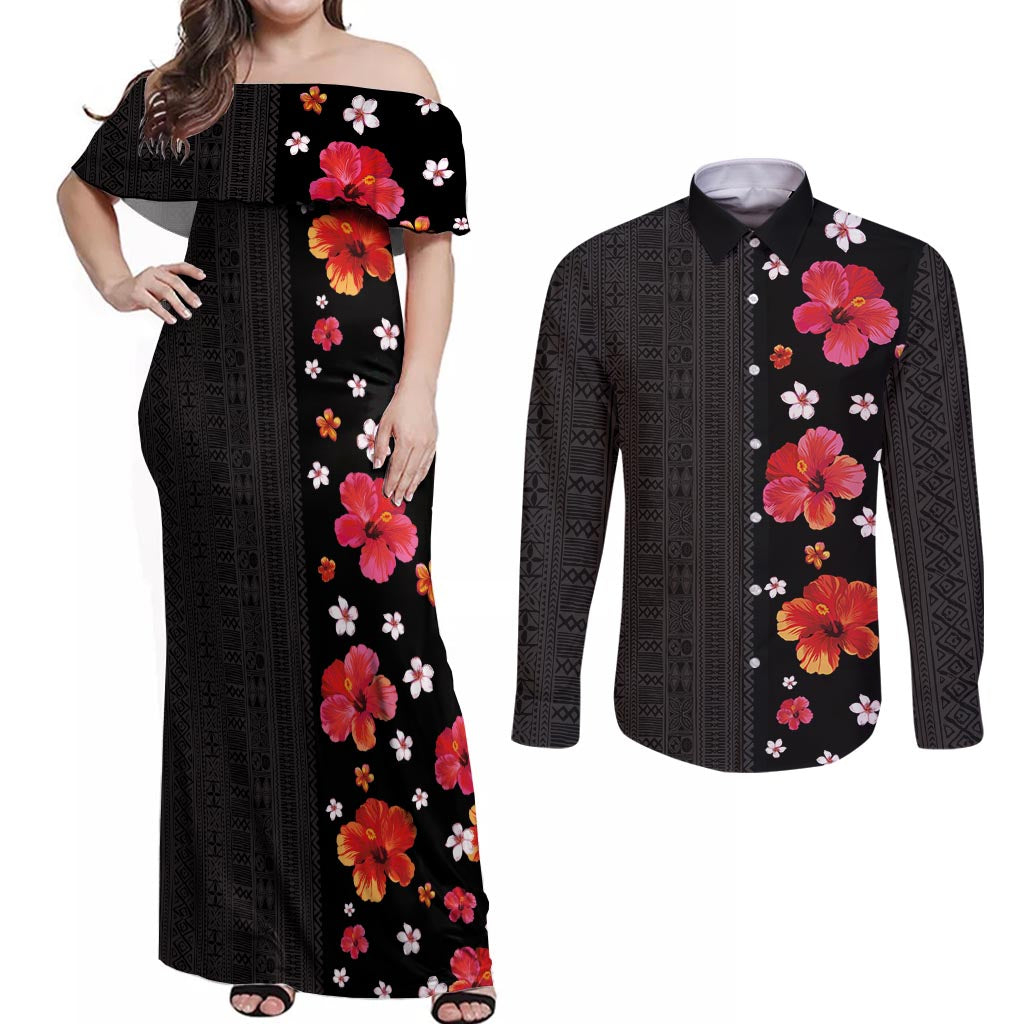 Hawaii Hibiscus and Plumeria Flowers Couples Matching Off Shoulder Maxi Dress and Long Sleeve Button Shirt Tapa Tribal Pattern Half Style Colorful Mode LT03 Black - Polynesian Pride