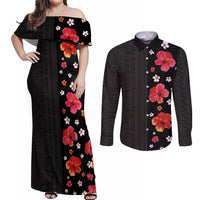 Hawaii Hibiscus and Plumeria Flowers Couples Matching Off Shoulder Maxi Dress and Long Sleeve Button Shirt Tapa Tribal Pattern Half Style Colorful Mode LT03 Black - Polynesian Pride