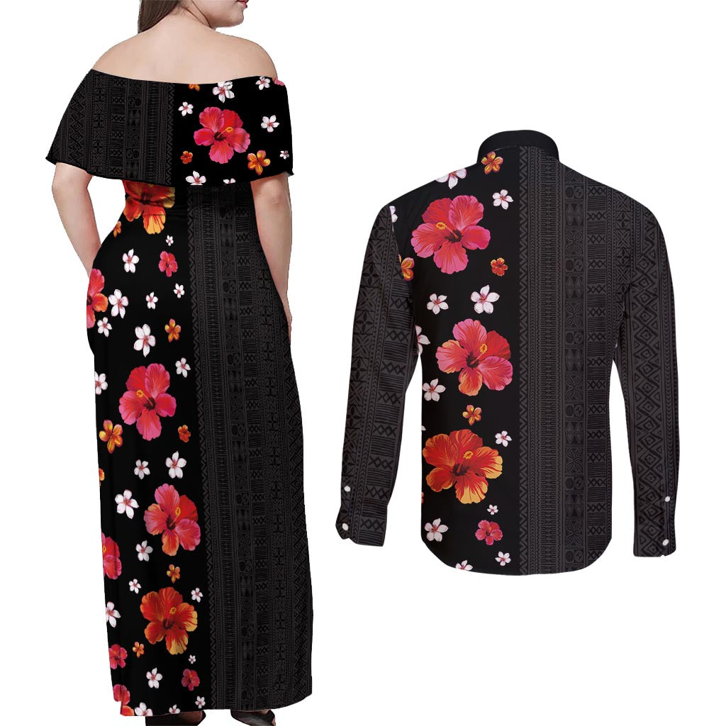 Hawaii Hibiscus and Plumeria Flowers Couples Matching Off Shoulder Maxi Dress and Long Sleeve Button Shirt Tapa Tribal Pattern Half Style Colorful Mode LT03 - Polynesian Pride