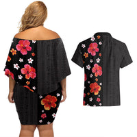 Hawaii Hibiscus and Plumeria Flowers Couples Matching Off Shoulder Short Dress and Hawaiian Shirt Tapa Tribal Pattern Half Style Colorful Mode LT03 - Polynesian Pride