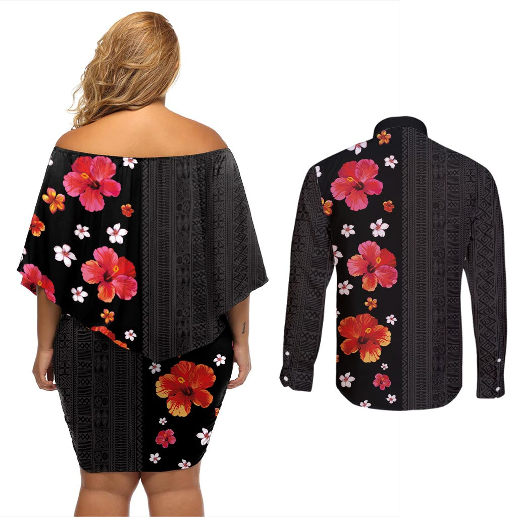 Hawaii Hibiscus and Plumeria Flowers Couples Matching Off Shoulder Short Dress and Long Sleeve Button Shirt Tapa Tribal Pattern Half Style Colorful Mode LT03 - Polynesian Pride