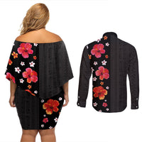 Hawaii Hibiscus and Plumeria Flowers Couples Matching Off Shoulder Short Dress and Long Sleeve Button Shirt Tapa Tribal Pattern Half Style Colorful Mode LT03 - Polynesian Pride