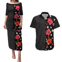 Hawaii Hibiscus and Plumeria Flowers Couples Matching Puletasi and Hawaiian Shirt Tapa Tribal Pattern Half Style Colorful Mode LT03 Black - Polynesian Pride