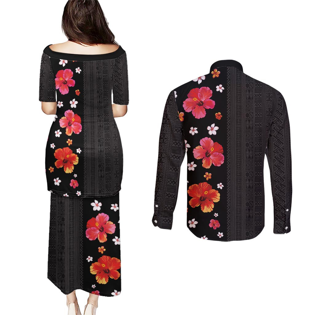 Hawaii Hibiscus and Plumeria Flowers Couples Matching Puletasi and Long Sleeve Button Shirt Tapa Tribal Pattern Half Style Colorful Mode LT03 - Polynesian Pride