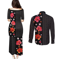 Hawaii Hibiscus and Plumeria Flowers Couples Matching Puletasi and Long Sleeve Button Shirt Tapa Tribal Pattern Half Style Colorful Mode LT03 - Polynesian Pride