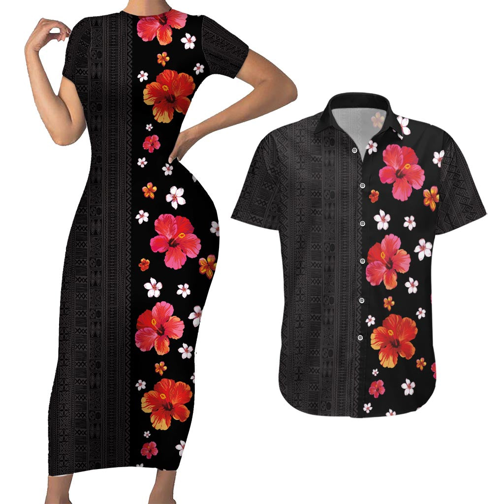 Hawaii Hibiscus and Plumeria Flowers Couples Matching Short Sleeve Bodycon Dress and Hawaiian Shirt Tapa Tribal Pattern Half Style Colorful Mode LT03 Black - Polynesian Pride