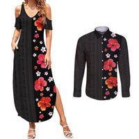 Hawaii Hibiscus and Plumeria Flowers Couples Matching Summer Maxi Dress and Long Sleeve Button Shirt Tapa Tribal Pattern Half Style Colorful Mode LT03 Black - Polynesian Pride